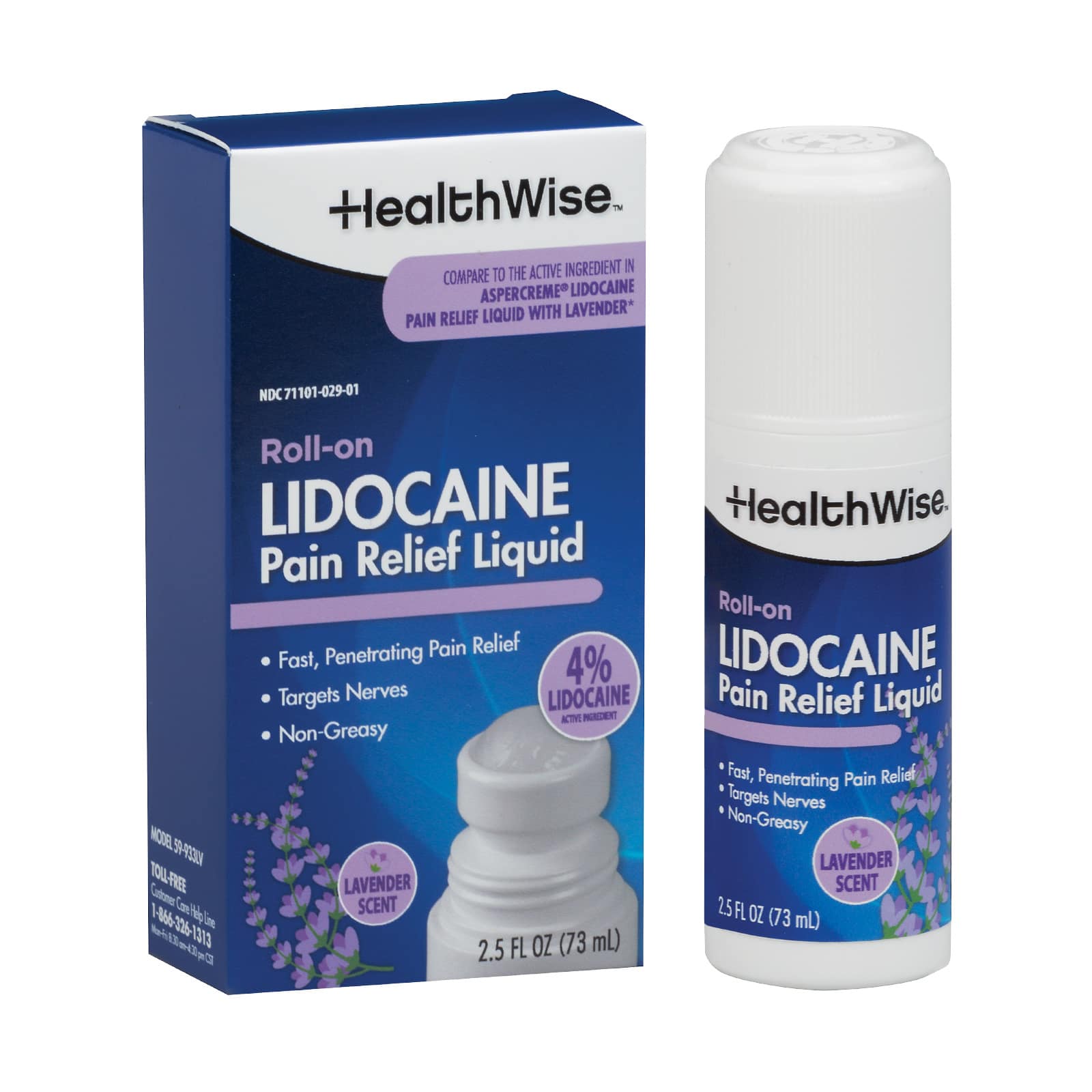 HealthWise 4 % Lidocaine Roll-On | Soothing Lavender Scent | OTC Strength | Pain Relief Liquid | 2.5 oz. 73 mL | Topical Anesthetic