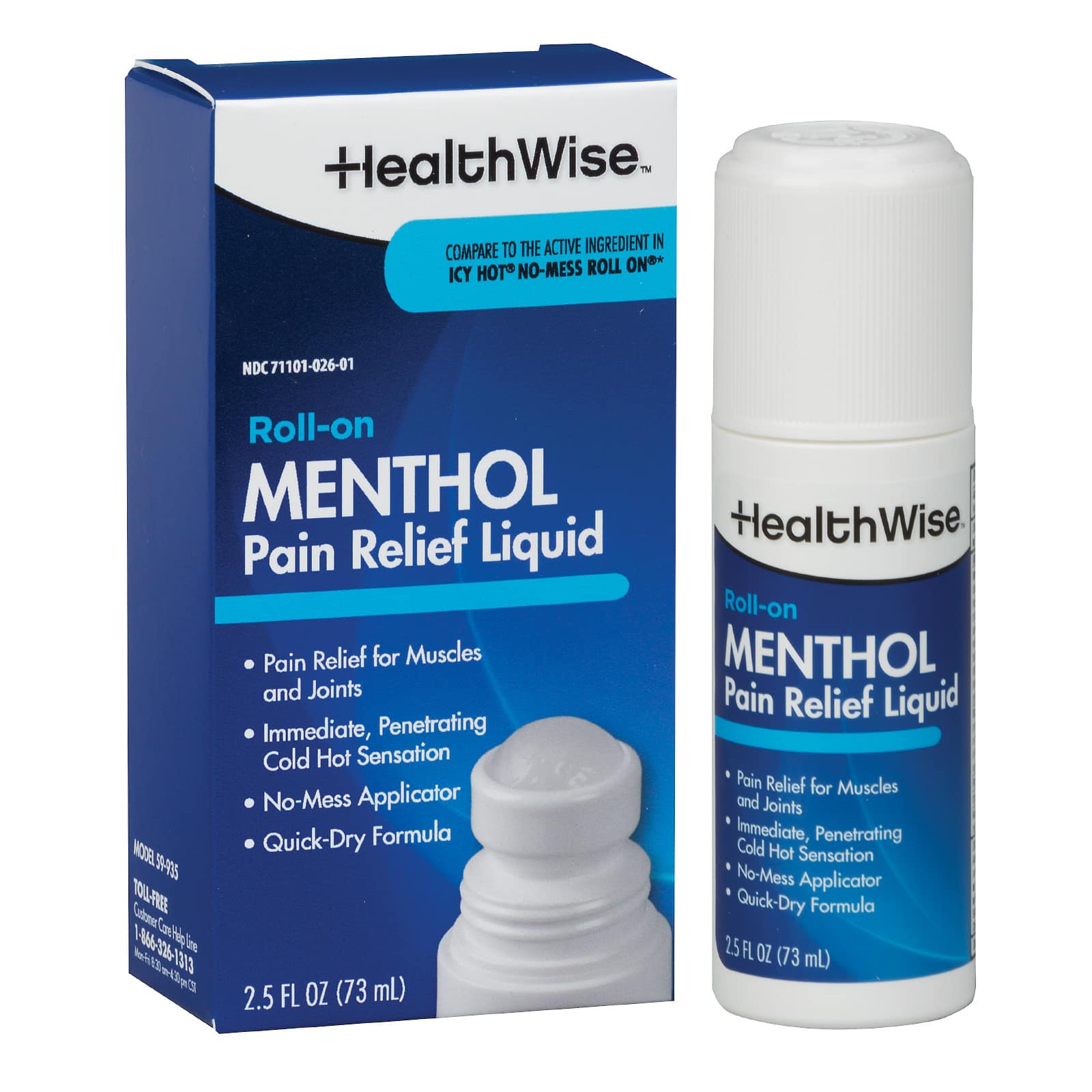 HealthWise 16% Menthol Roll-On | Cold Hot Sensation | Pain Relief Liquid | 2.5 oz. 73 mL | Non-Greasy Formula | Immediate Penetrating Action | Topical Analgesic