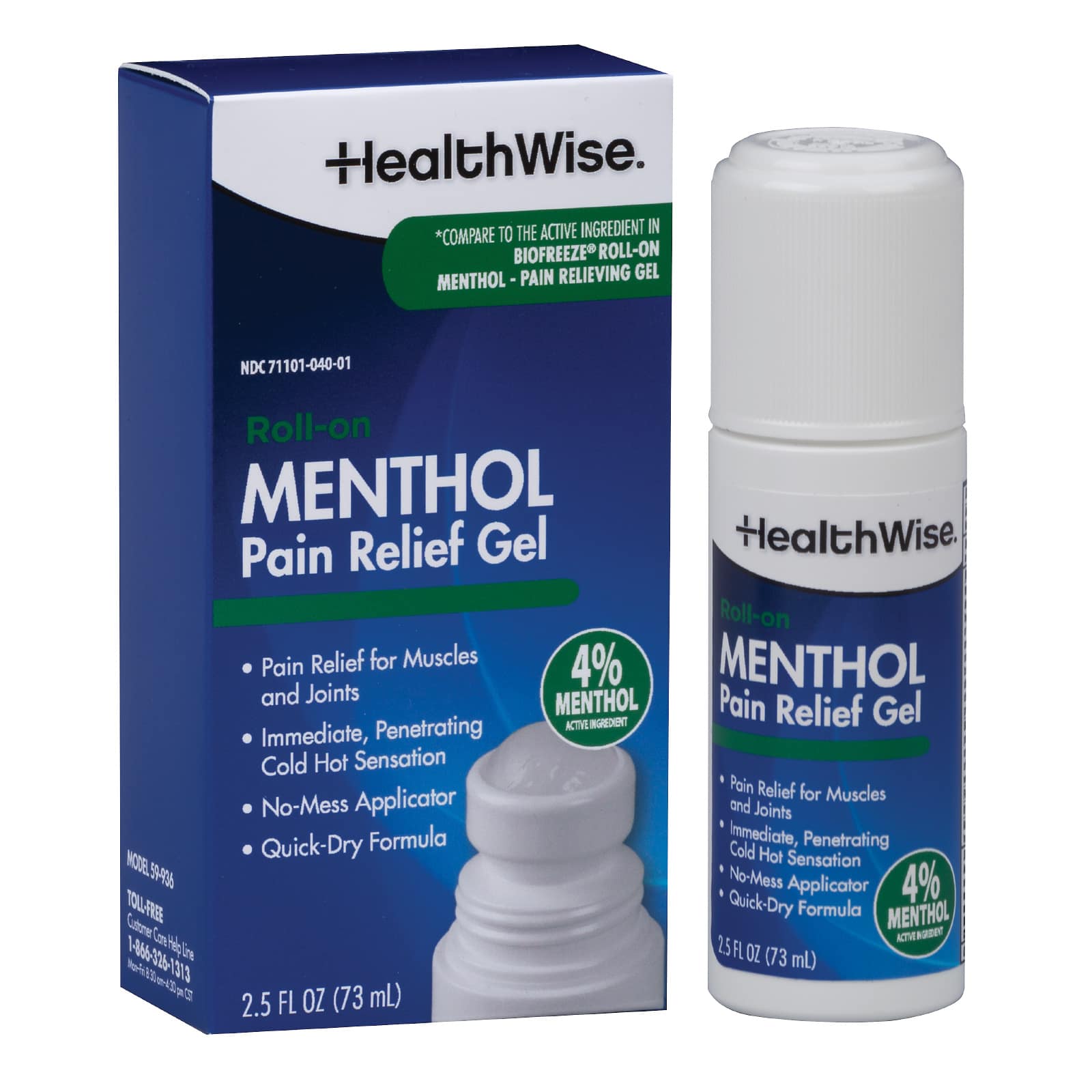 HealthWise 4% Menthol Roll-On | Cold Hot Sensation | Pain Relief Gel | 2.5 oz. 73 mL | Non-Greasy Formula | Immediate Penetrating Action | Topical Analgesic