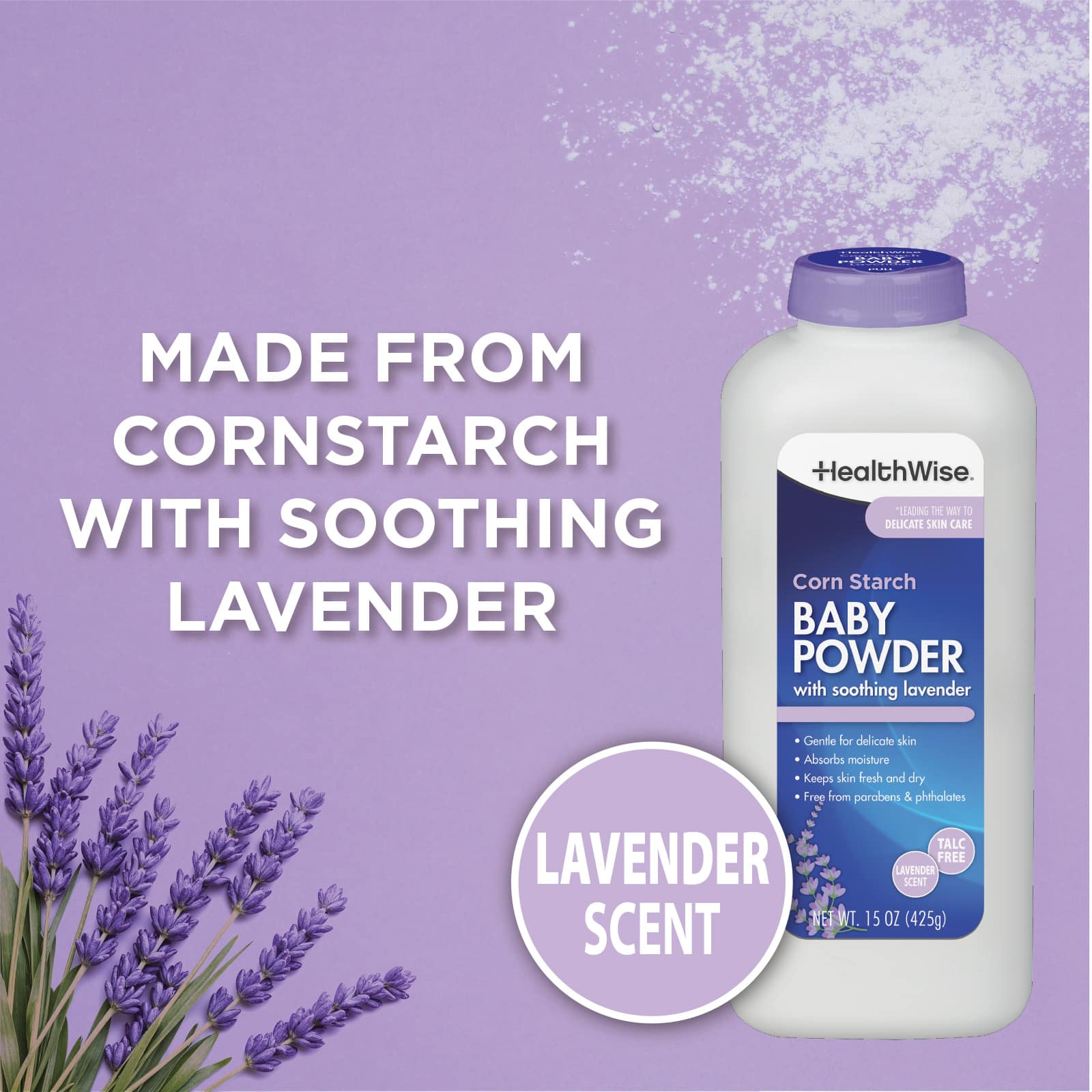 HealthWise Corn Starch Baby Powder Lavender Scent 15 oz - Image 2
